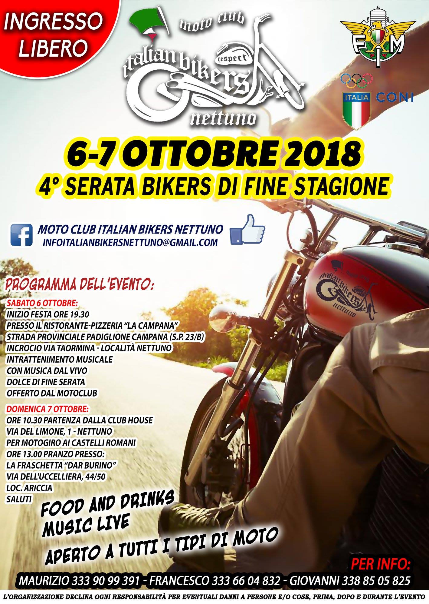 6/7 Ottobre – Serata Bikers a NETTUNO (RM)